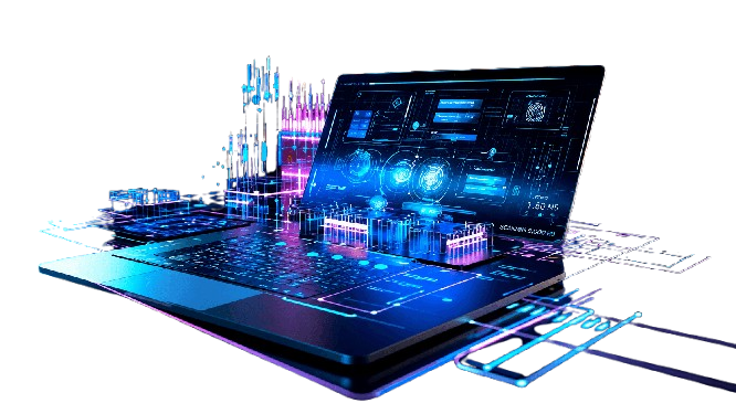 Futuristic laptop with glowing cyan and magenta holographic AI analytics dashboards, 3D data charts, and neon digital interface elements